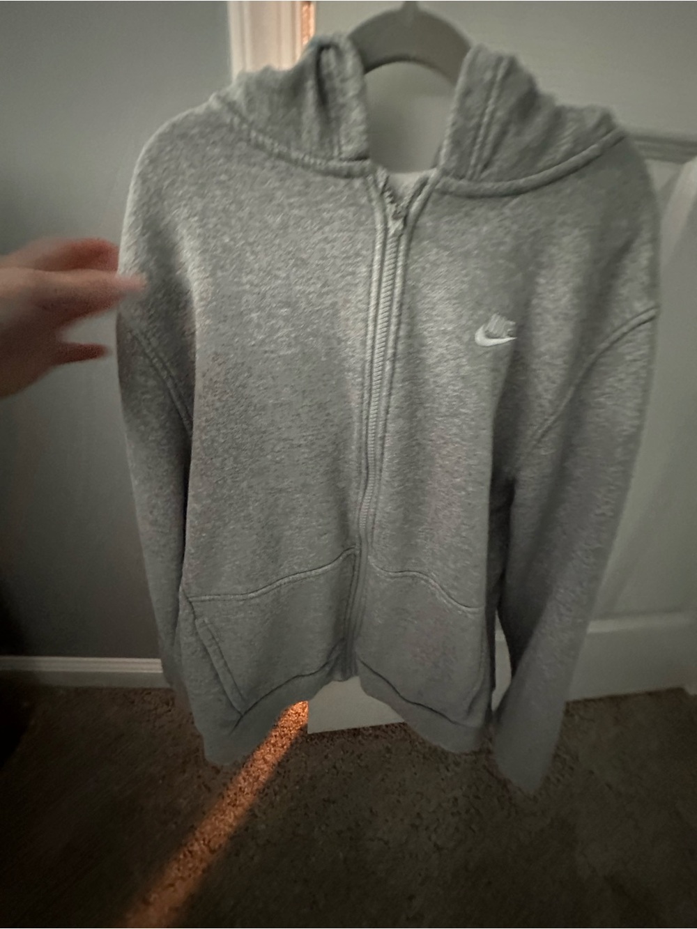 Nike Heather Gray Full-Zip Hoodie with White Swoosh (Kids size XL)